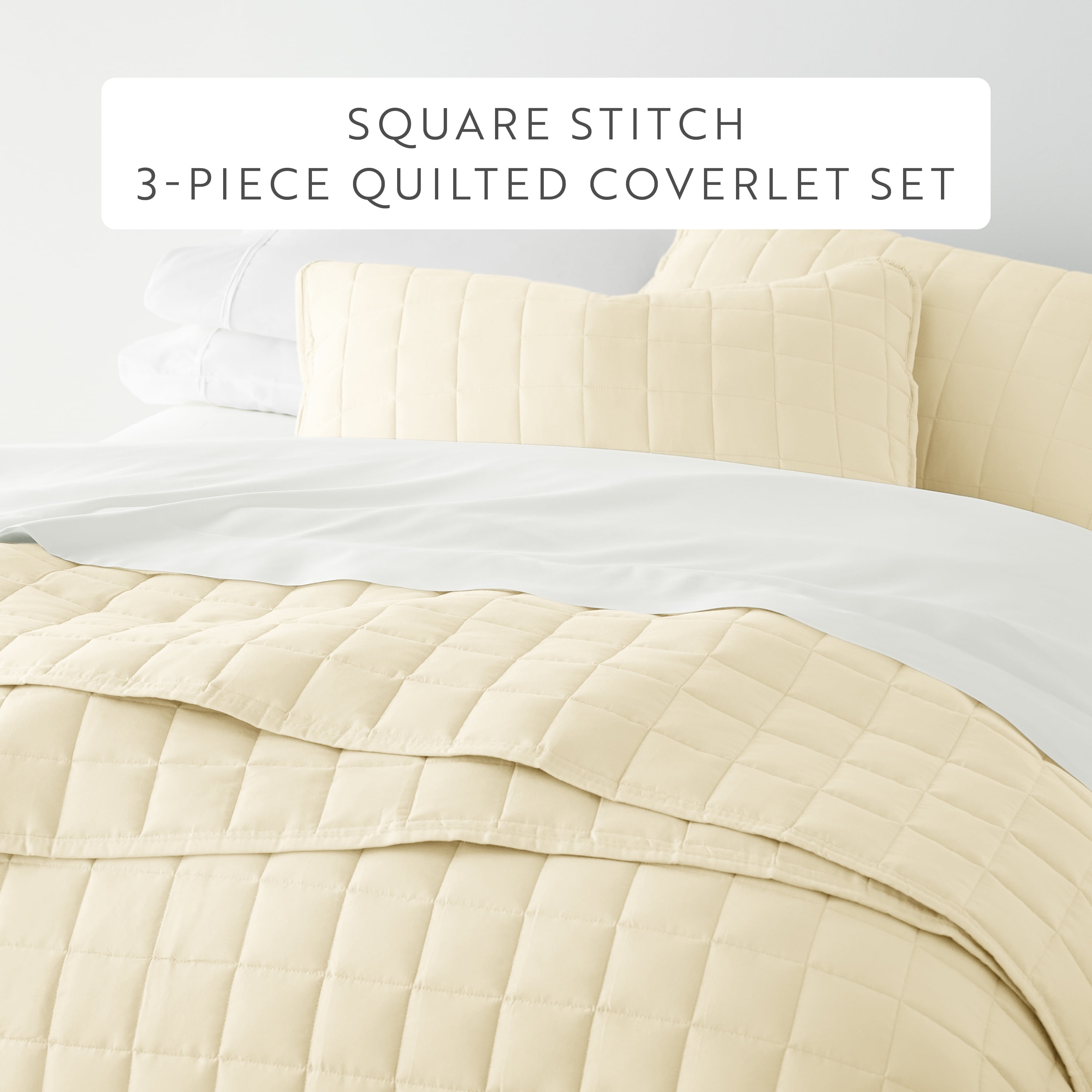 Noble Linens Yellow Square Pattern Quilted Coverlet Set, Full/Queen