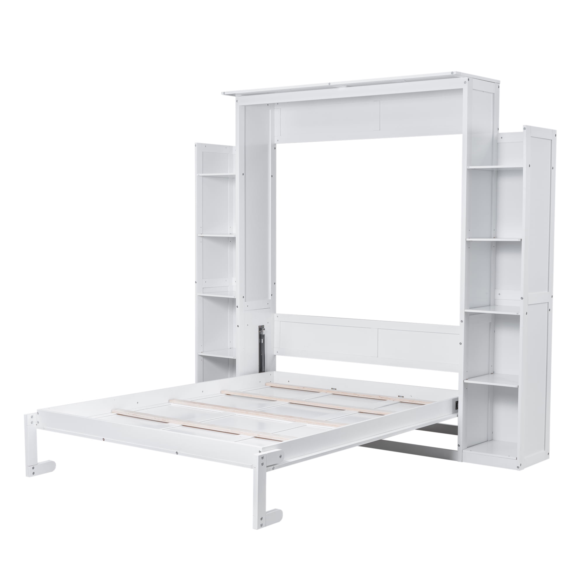 Mintazer Queen Size Murphy Bed with Side Bookcases & LED Lights, Folding Wall Cabinet Bed with Storage for Guest Room Home Office Apartment, Grey