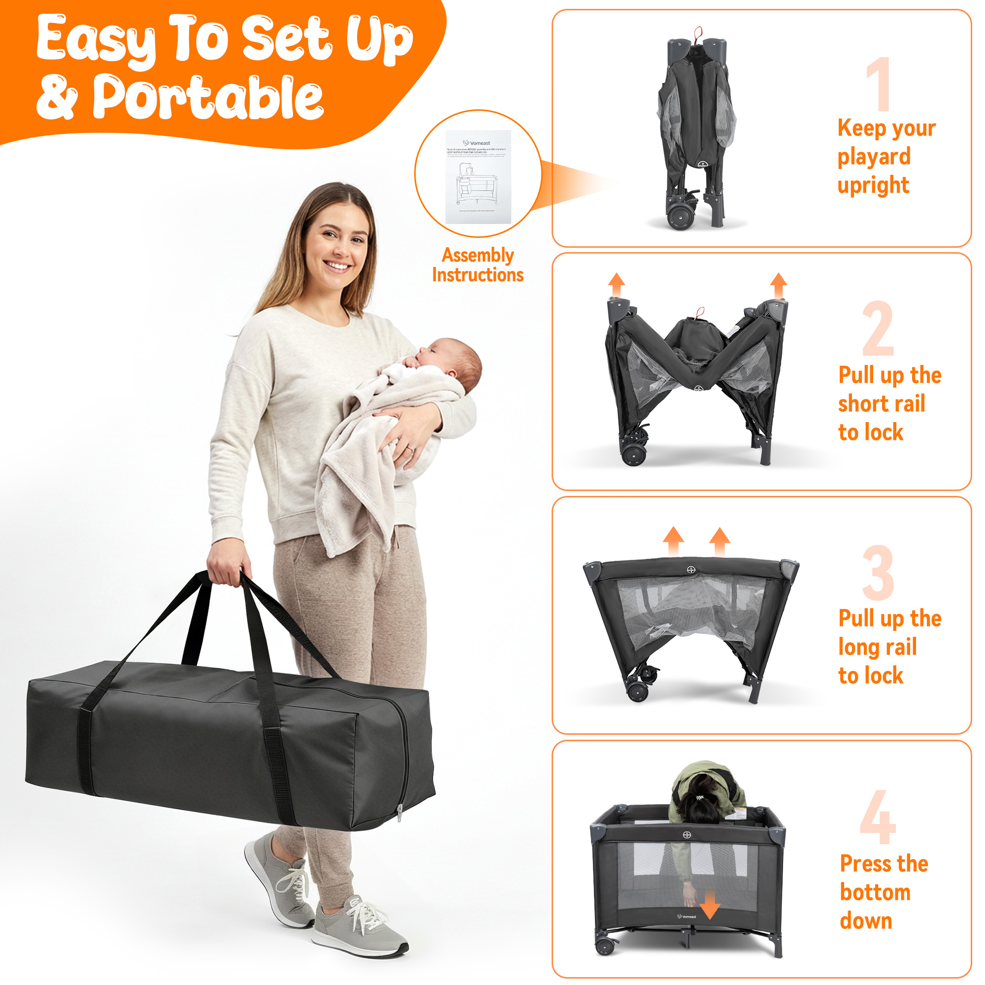 Vomeast Baby Playard with Bassinet and Toy Bar, Black photo 7