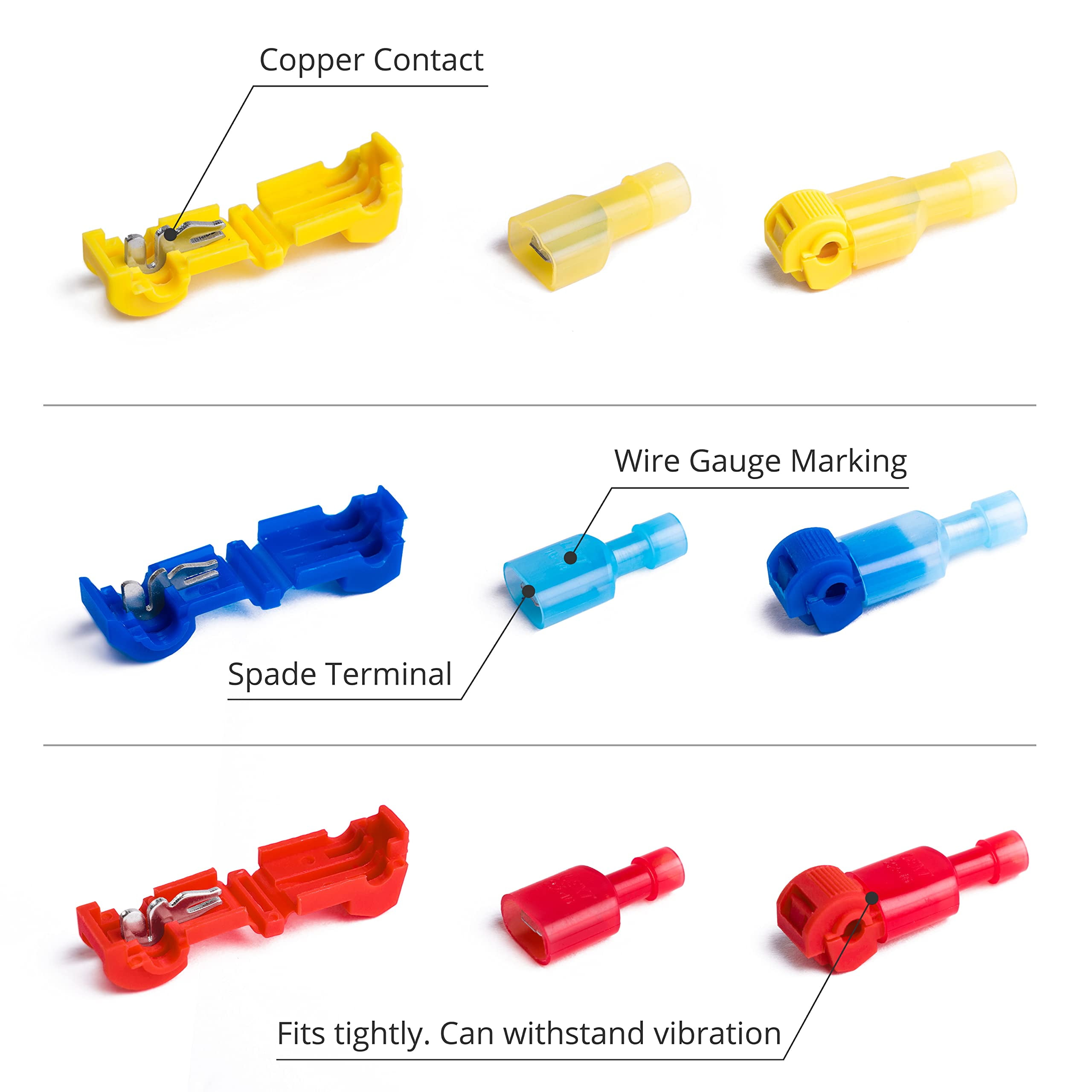 T Tap Wire Connectors Kit - Electrical Connectors Kit - Spade Terminals - Quick Splice Disconnect Wire Taps - (120 PCS 22-10 AWG)