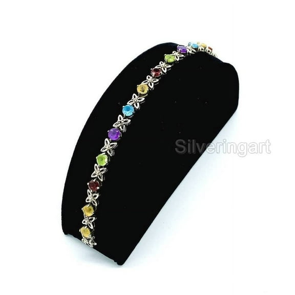 Multi Color Bracelet, 925 Sterling Silver Bracelet, Multi Gems, CZ Bracelet, Womens Bracelet, Handmade Bracelet, Natural Amethyst Peridot Citrine Topaz Garnet, Chakra Bangle, Christmas, Thanksgiving