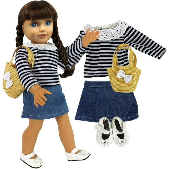 Dress Along Dolly Casual School Day Doll Outfit for American 18" Girl Dolls - 4 Piece Clothes Set Costume Includes Shirt, Skirt, Shoes, & Purse