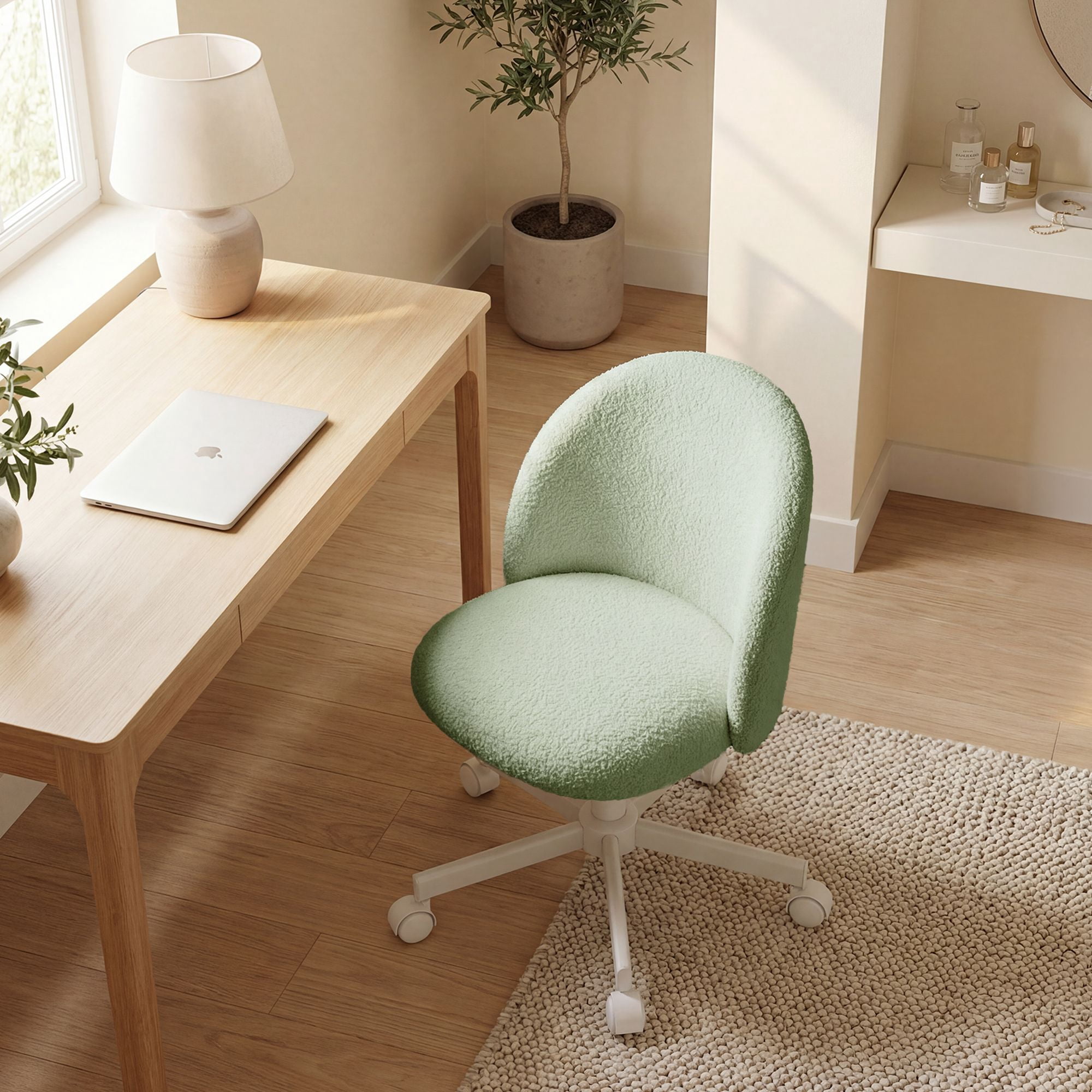 CELTOSS Home Office Desk Chair, Cute Teddy Fabric Swivel Vanity Stool, Mid Back Adjustable Armless Task Chair with Wheels, Green