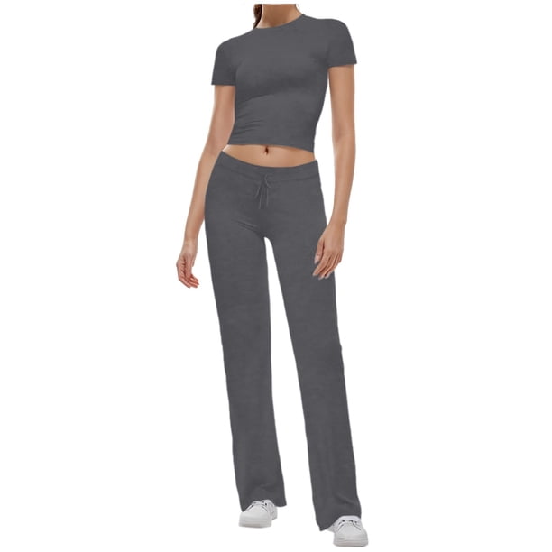 Conjunto de 2 piezas para mujer: top corto de manga corta y pantalones rectos, estilo deportivo informal, tallas reales para primavera/verano