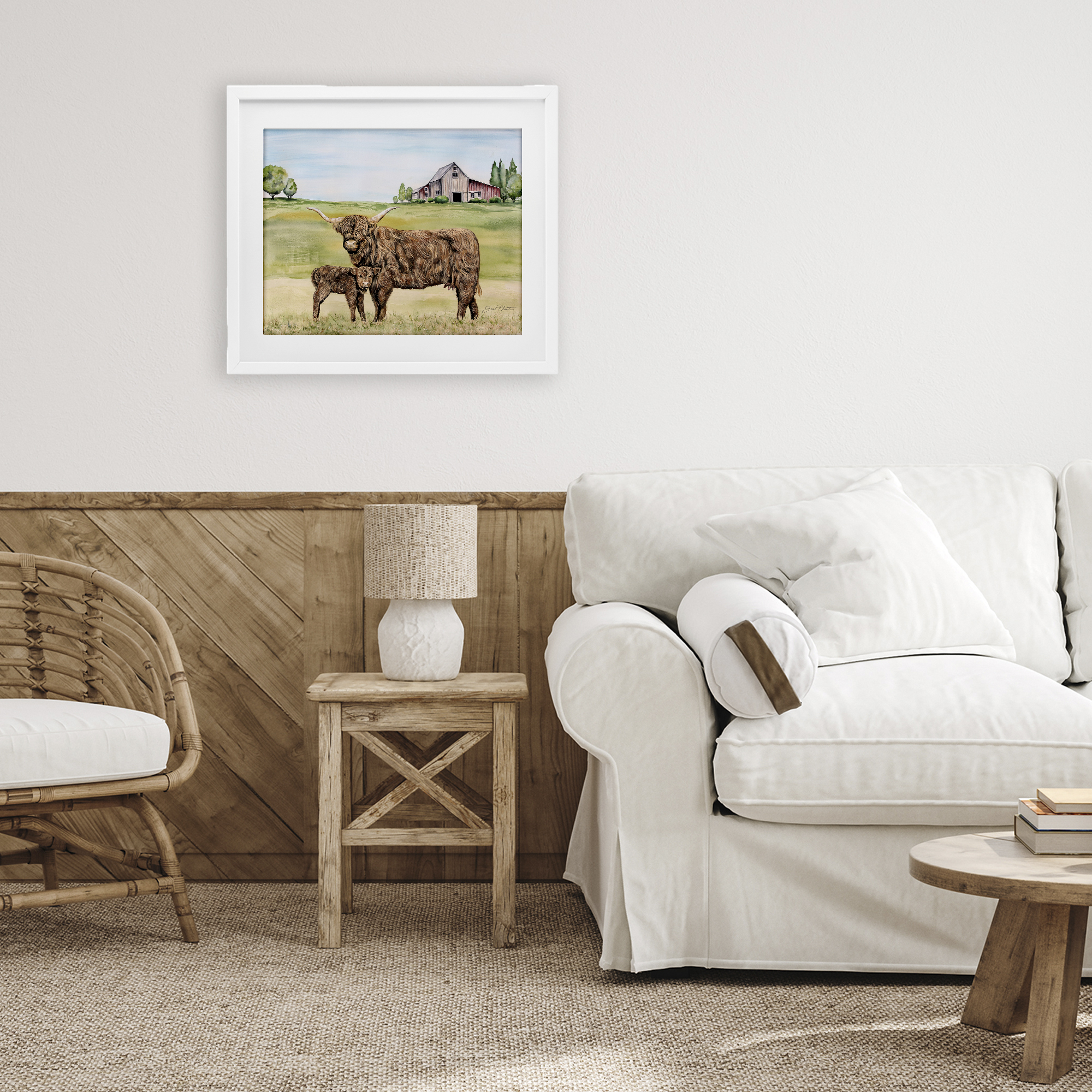 Highland Cow And Calf White Framed Print Under Glass, design by Jean Plout