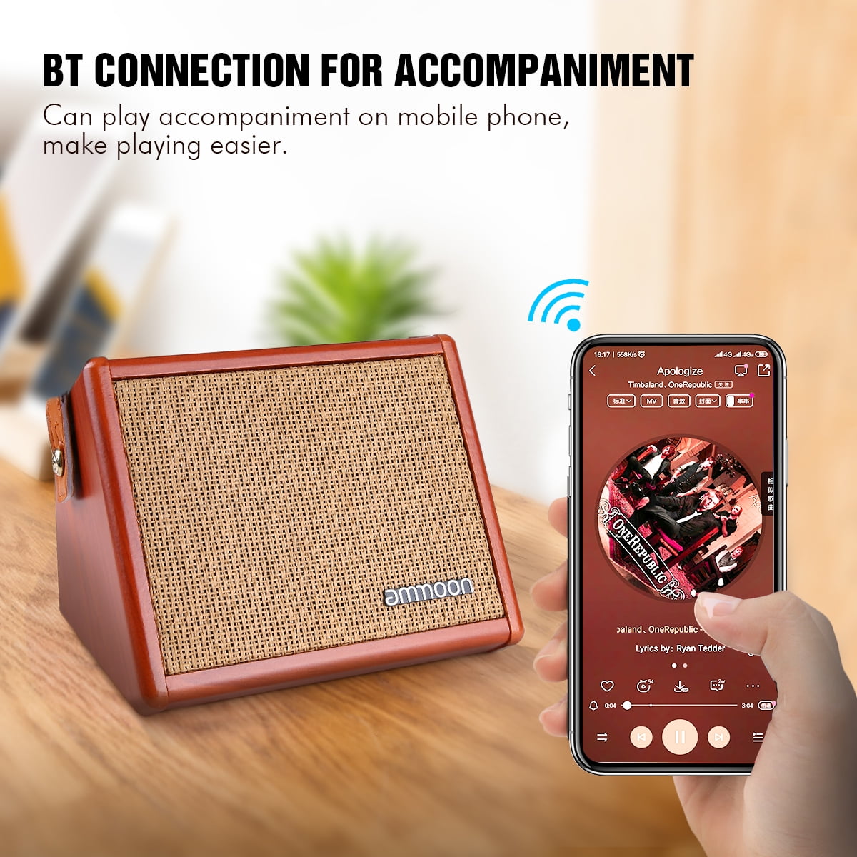 ammoon AC-15 15W Portable Acoustic Guitar Amplifier Amp BT Speaker with Microphone Input Supports Bass Treble Control Reverb Effect Built-in Rechargeable Battery