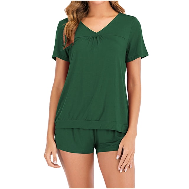 Ensemble de Pyjamas d'Été pour Femmes Doux Confortable Col en V Manches Courtes Hauts et Shorts à Cordon 2 Pcs Tenues de Nuit