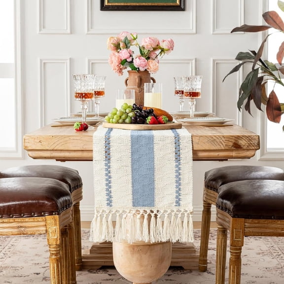 Fall Table Runner Tablecloth for Home Decorations, Rustic Woven Cotton Striped Table Cloth Runner with Tassels for Farmhouse Dining Decor, 12*71 inch