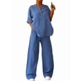 thumbnail image 3 of Womens Cotton Linen 2 Piece Sets V Neck Button Down Long Sleeve Shirt Wide Leg Trouser Sets with Pockets Blue 4XL, 3 of 7