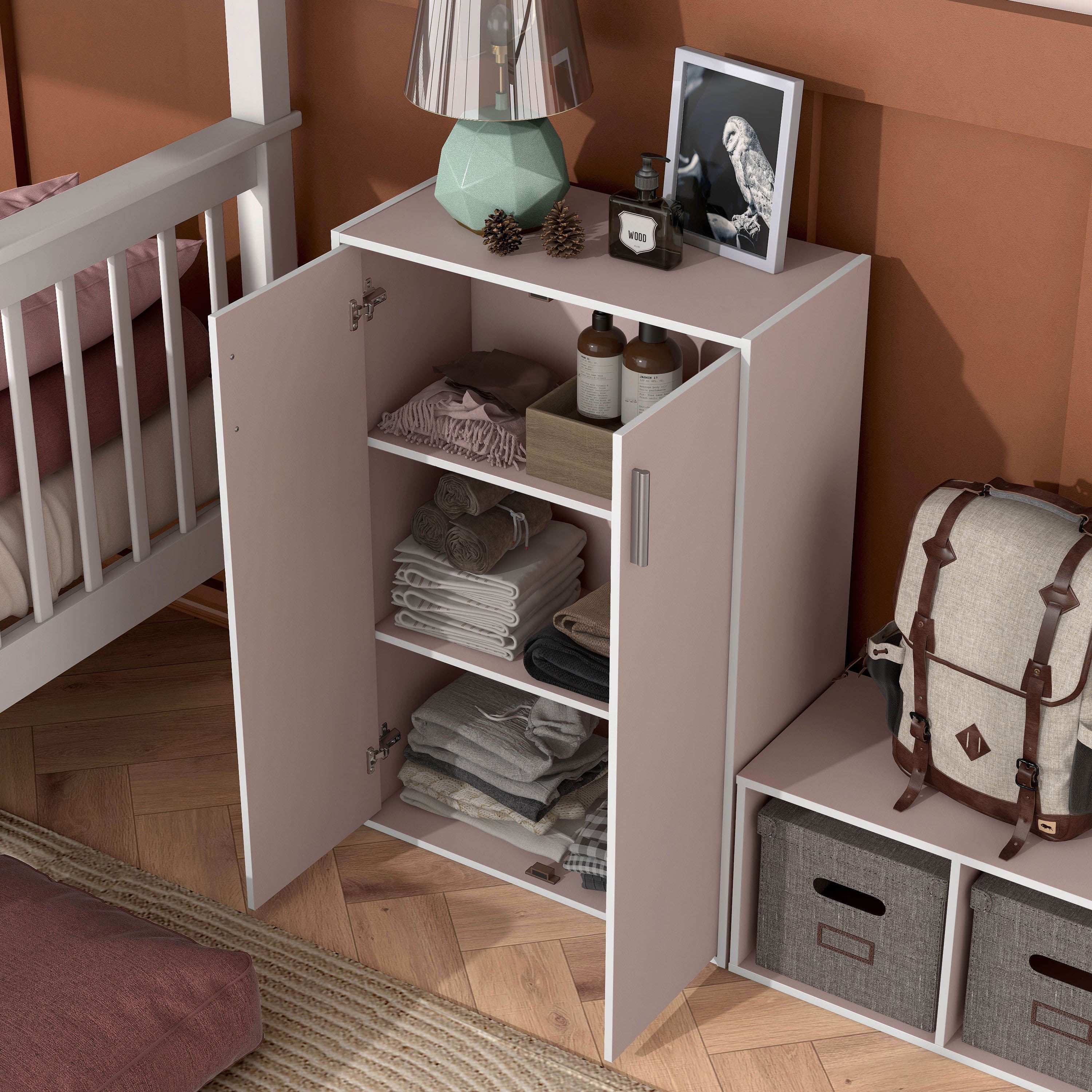 Furniture of America Brooks Stackable 3-Tier Wood Light Pink Kids Cabinet with Door