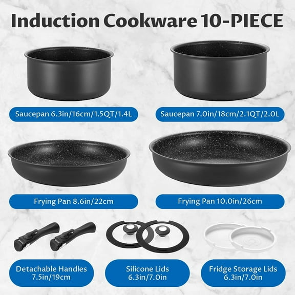 Induction Cookware Set 10 Pieces, Nonstick Pots and Pans with Removable Handles, Stain-Resistant, PFAS