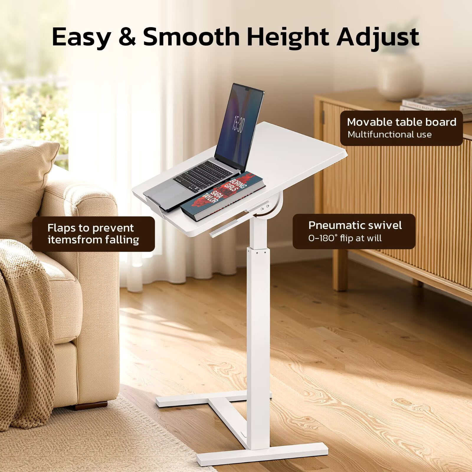 Simple Deluxe 0-180°Tilt Top Mobile Standing Desk Adjustable Overbed Table, Pneumatic Height Adjustable Rolling Laptop Desk with Hidden Wheels, White