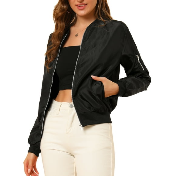 INSPIRE CHIC Women's Coat Casual Zip Up Bomber Jacket Windbreaker Outerwear with Pockets XS Black