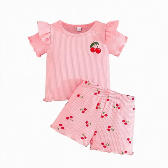 CAUYDY Toddler Girls Summer Clothes 3T 4T 5T Kids 2 Piece Outfits Set Ruffle Sleeveless Top and Floral Shorts Baby Girls Pjs Set 9T 10T 11T Teen Girl Outfit (Sizes 12-18 Months,D1-Red)