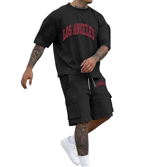 Afdoent Mens Two Piece Outfits Men's Suits Pocket Outfit Short Sleeved T Shirt And Shorts Set For Everyday Casual Wear Parties Summer Events Lightweight Stretch Fabric Beach Clothes Fashion