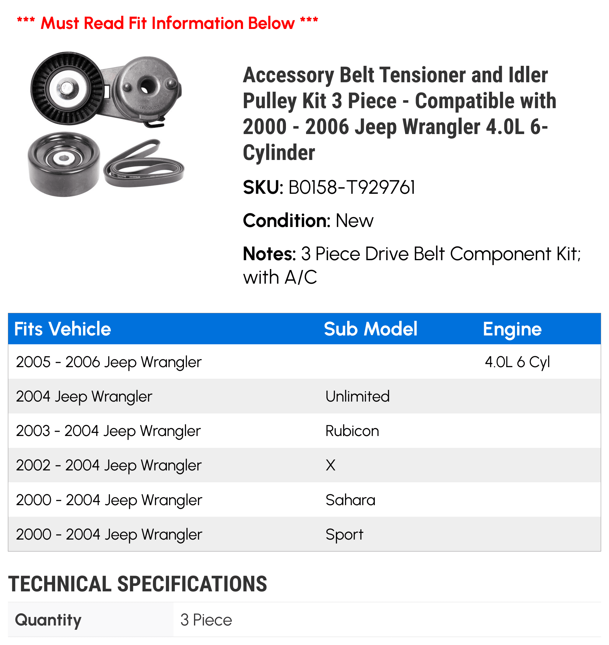 Accessory Belt Tensioner and Idler Pulley Kit 3 Piece - Compatible with 2000 - 2006 Jeep Wrangler 4.0L 6-Cylinder 2001 2002 2003 2004 2005