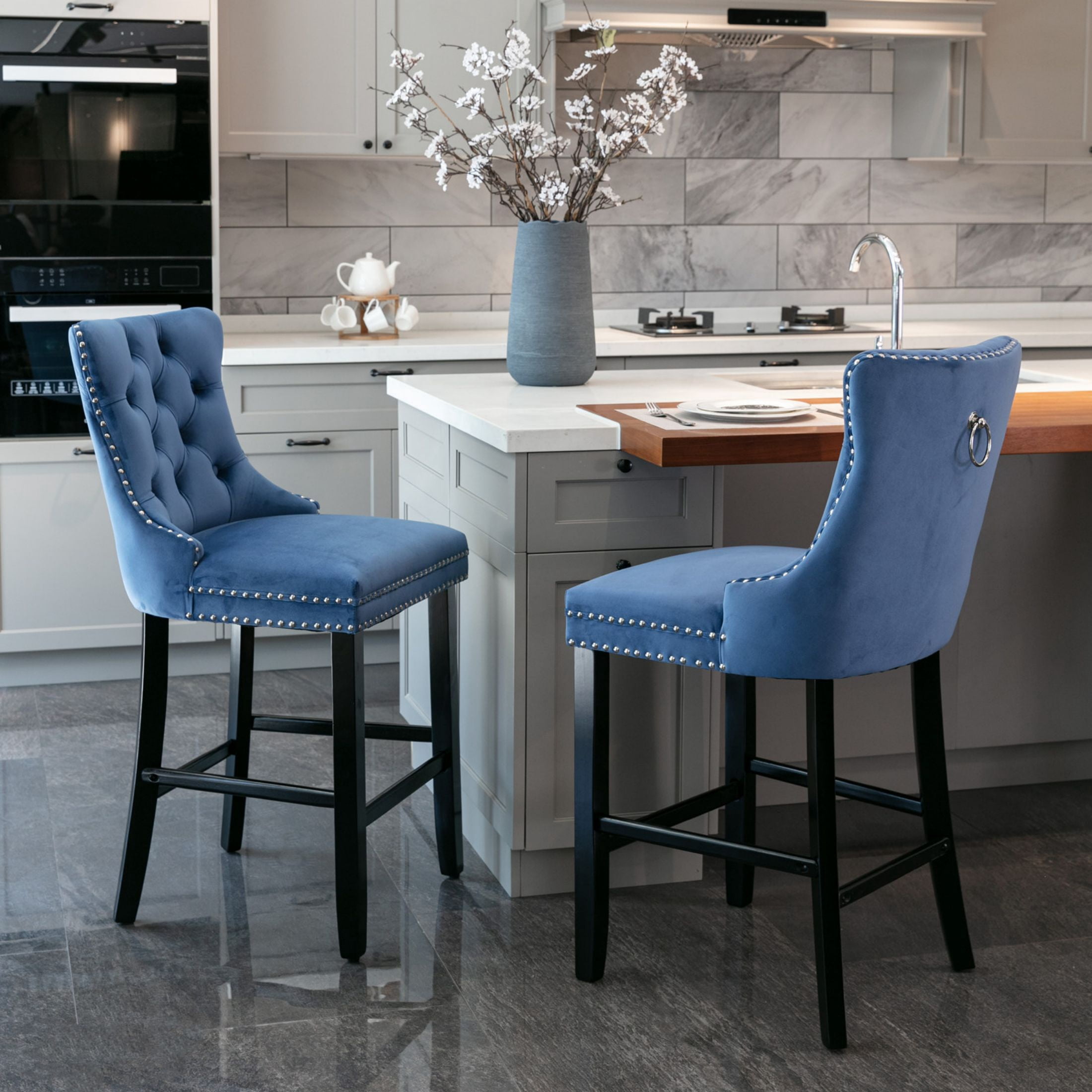Paproos Upholstered Bar Stools Set of 2, Velvet Barstools with Wood Legs and Tufted, Modern Leisure Counter Height Bar Chairs with Chrome Nailhead Trim for Home Pub and Kitchen Island, Blue