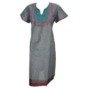 Mogul Women's Tunic Caftan Dress Embroidered Grey Long Indian Kurta L