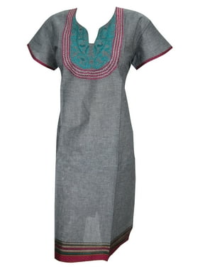 Mogul Women's Tunic Caftan Dress Embroidered Grey Long Indian Kurta L