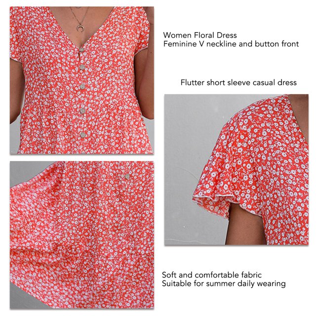 Estampado Floral Vestido de Cuello Velón de Manga Corta Botón de Manga Corta Vestido de Dobladillo para Mujeres