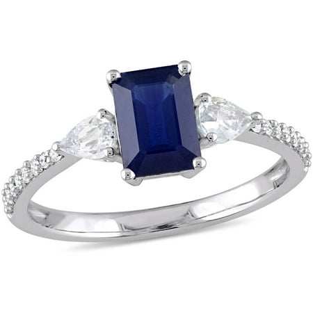 Tangelo 1-2/5 Carat T.G.W. Blue and White Sapphire and Diamond-Accent 14kt White Gold 3-Stone Engagement Ring