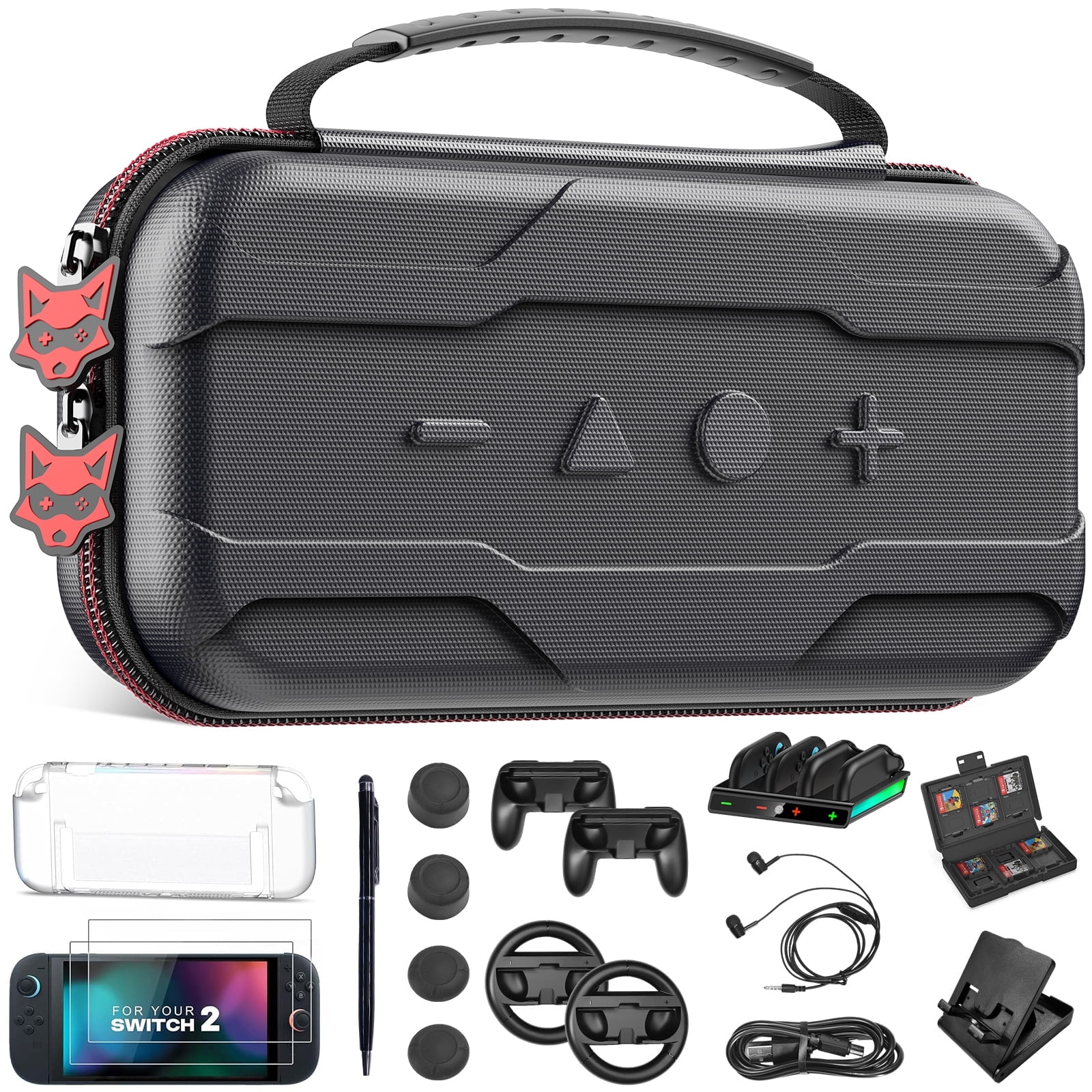 Nintendo Switch Accessories Kit: Wheel, Grip, Caps, Carrying Case
