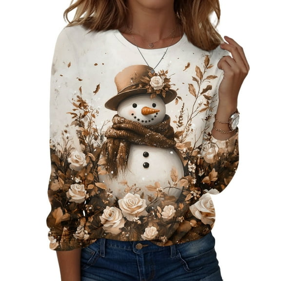 Qcmgmg Christmas Shirts for Women Long Sleeve Cute Christmas Tree Snowman Print T-Shirt Crew Neck Casual Winter Reindeer Print Tops Khaki 3XL