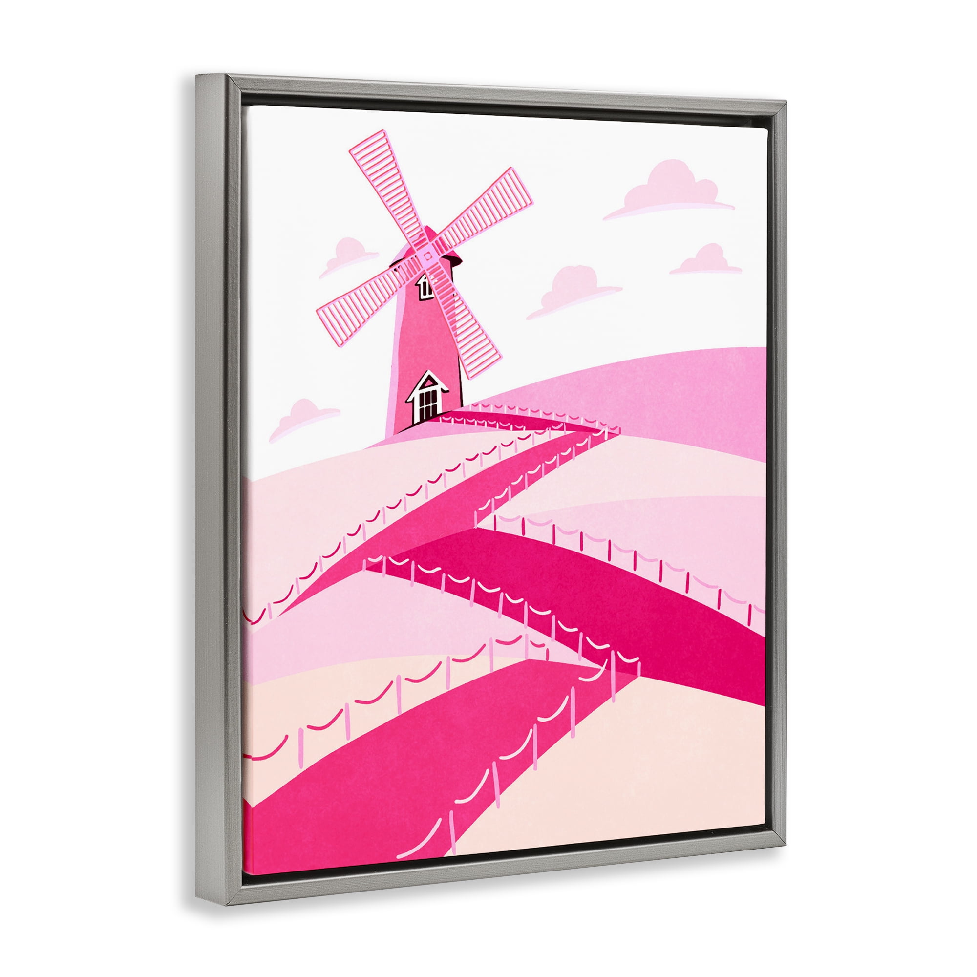 Pink Hills and Windmill Gray Framed Floater Canvas Wall Art, design by Ziwei Li