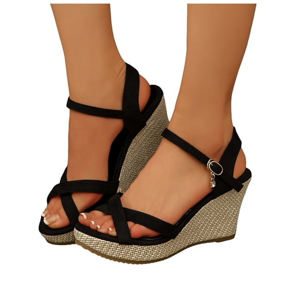 Rokment Womens Espadrilles Platform High Heels Dressy Sandals 2026 Fashion Casual Glitter Rhinestones Open Toe Ankle Strap Chunky Heels Dress Summer Shoes for Bride Wedding Black Size 6