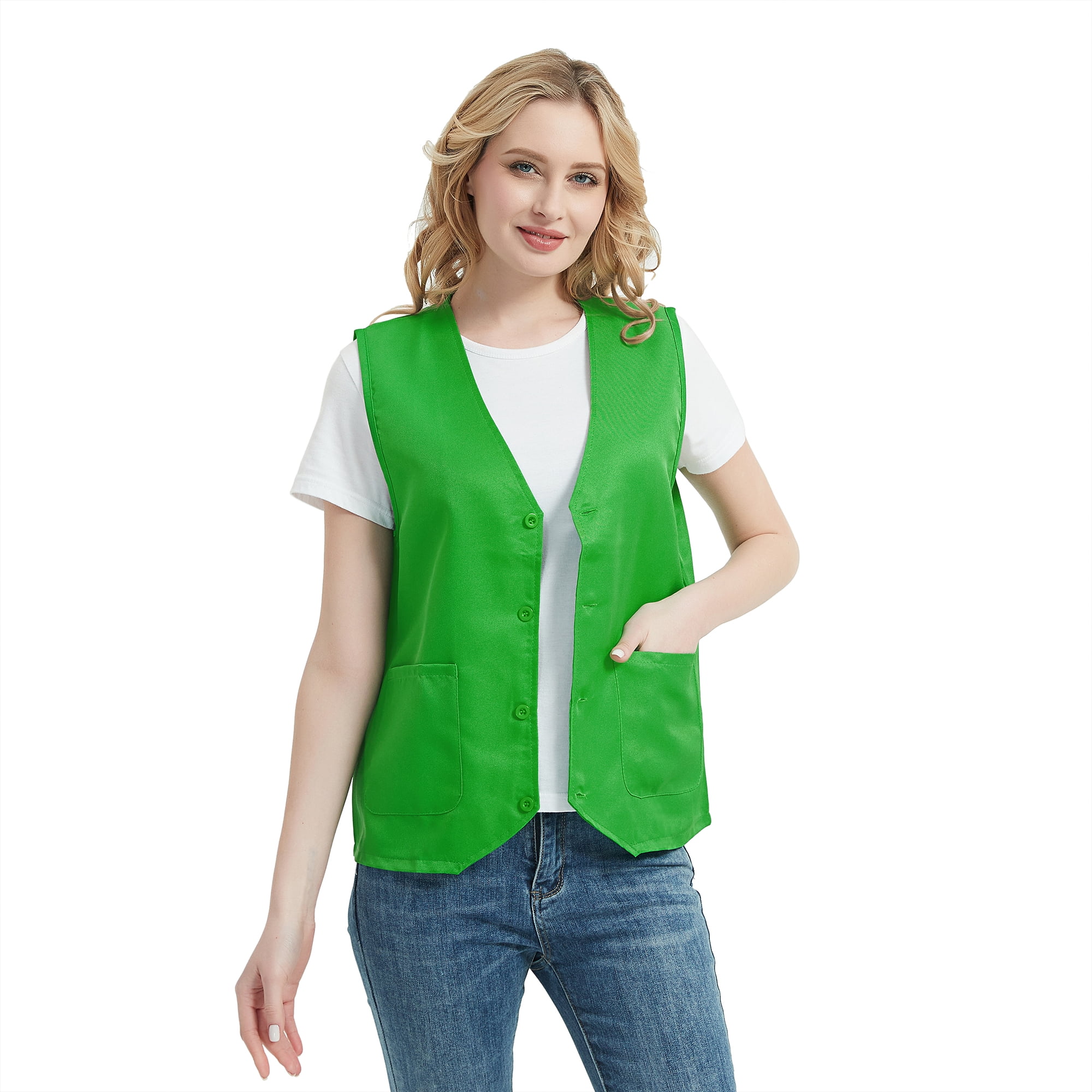 TOPTIE 5 Pack Unisex Work Vest Button Up Vest Volunteer Activity Supermarket Uniform-Green-2XL