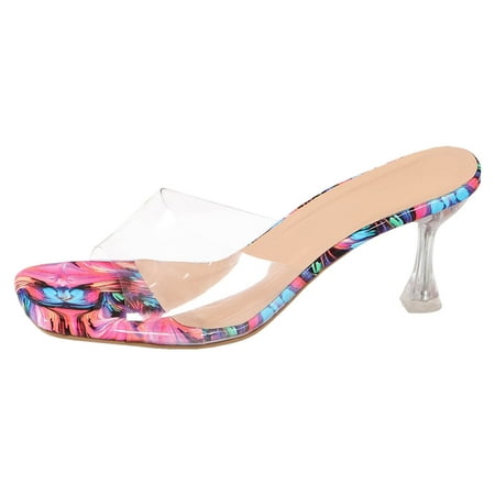 

QYZEU Sandals for Women 2024 Walking Sandals for Women Fashionable Floral Print Square Toe Open Toe Clear Breathable Slim Heels Comfortable Summer Slippers Red