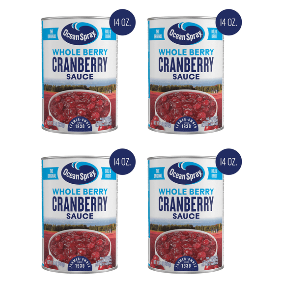 Pack of 4 Ocean Spray Whole Cranberry Sauce, Canned Side Dish, 14 Oz Can