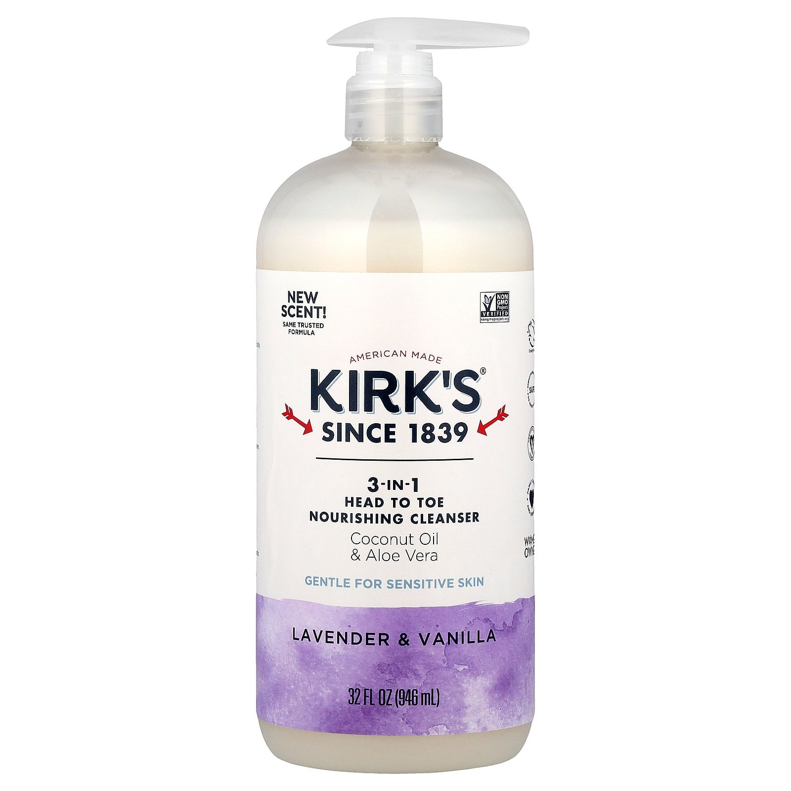 Kirk's Body Wash, 3 in 1 Head to Toe Nourishing Cleanser, Lavender & Vanilla - 32 floz