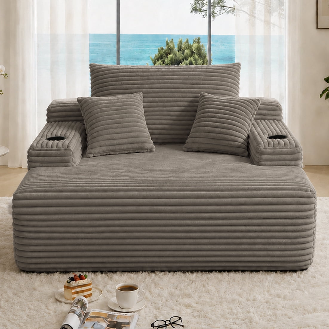 65" Oversized Chaise Lounge Chair with Wide Armrest & Throw Pillows,Corduroy Upholstered Boneless Sleeper Sofa Bed Armchair with Cup Holder for Living Room,No Assembly Required,Grey Brown