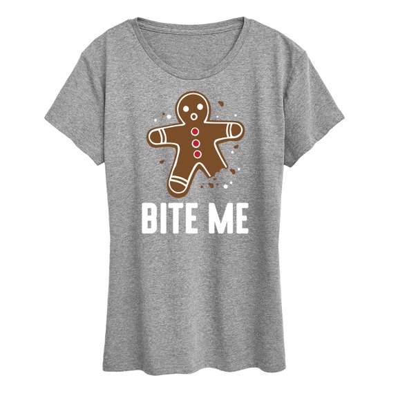 Instant Message - Bite Me Gingerbread Man Christmas- Women's Short Sleeve Graphic T-Shirt
