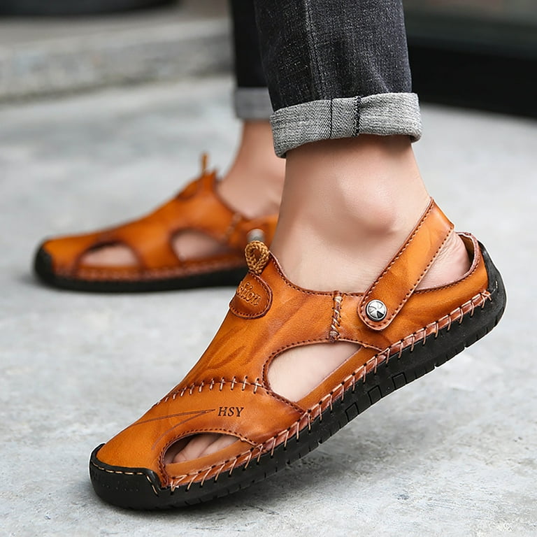 Aueoeo Mens Sandals Men s Leather Flat Sandals Fashion Summer Sandals for Men Beach Slides Sandals With Arch Support Sewing Shoes