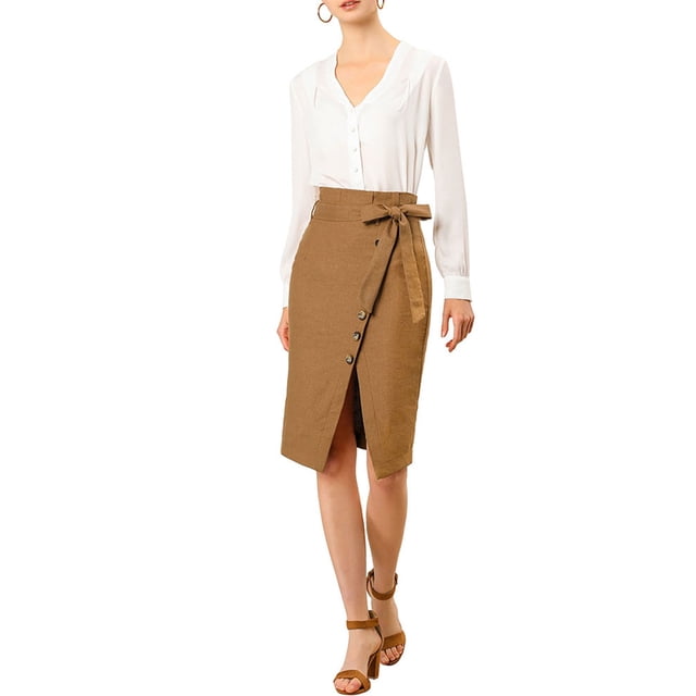 Unique Bargains Jupe Crayon Fendue avec Ceinture et Boutons Décoratifs pour Femmes