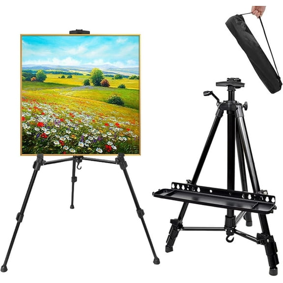 Art Easel Aluminum Alloy Portable Extendable Easel with Hand Crank Adjustable to 61.8 '' Drawing Board Holder, Compass, Level and Storage Bag -for Artists, Painters, Sketching, Outdoor Painting