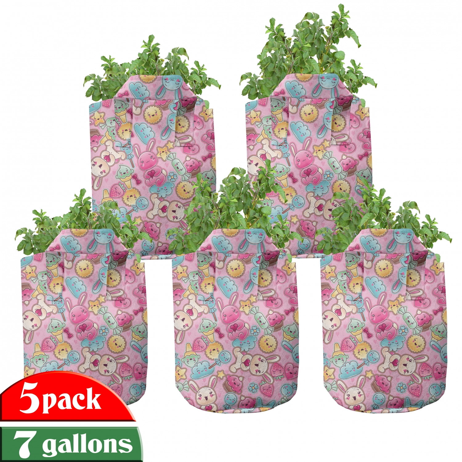 Baby Grow Bags 5Pack, Kawaii Bunnies and Candy, Heavyduty Fabric Pots