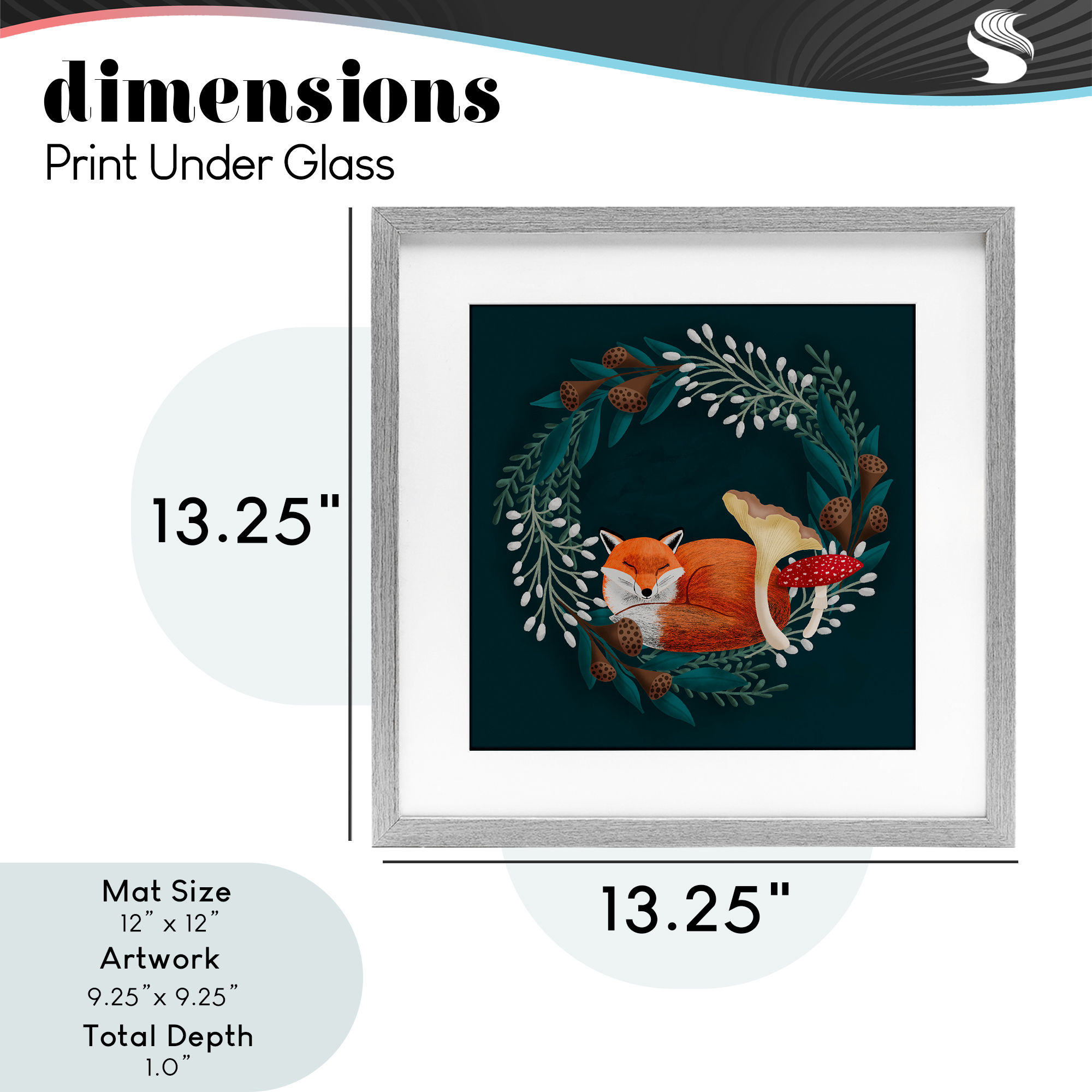 Sleepy Fox in Botanical Wreath Gray Framed Print Under Glass, design by Metka Hiti