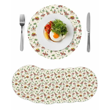 Western Farmhouse Round Table Placemats set of 6 Cactus Cowboy Horse Washable Woven Place Mats for Dining Tables Kitchen Party Decor Heat Proof 13in Brown Yellow Green