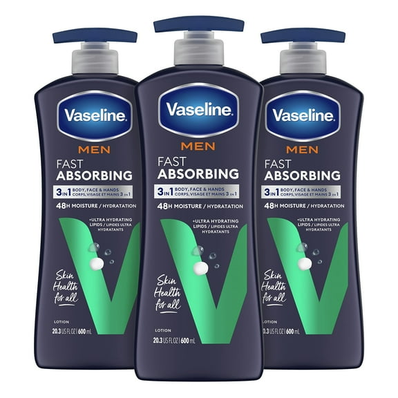 Vaseline Men's Healing Moisture YPF5 Hand & Body Lotion For Dry or Cracked Skin Fast Absorbing Non-Greasy Lotion for Men 20.3 oz, Pack of 3