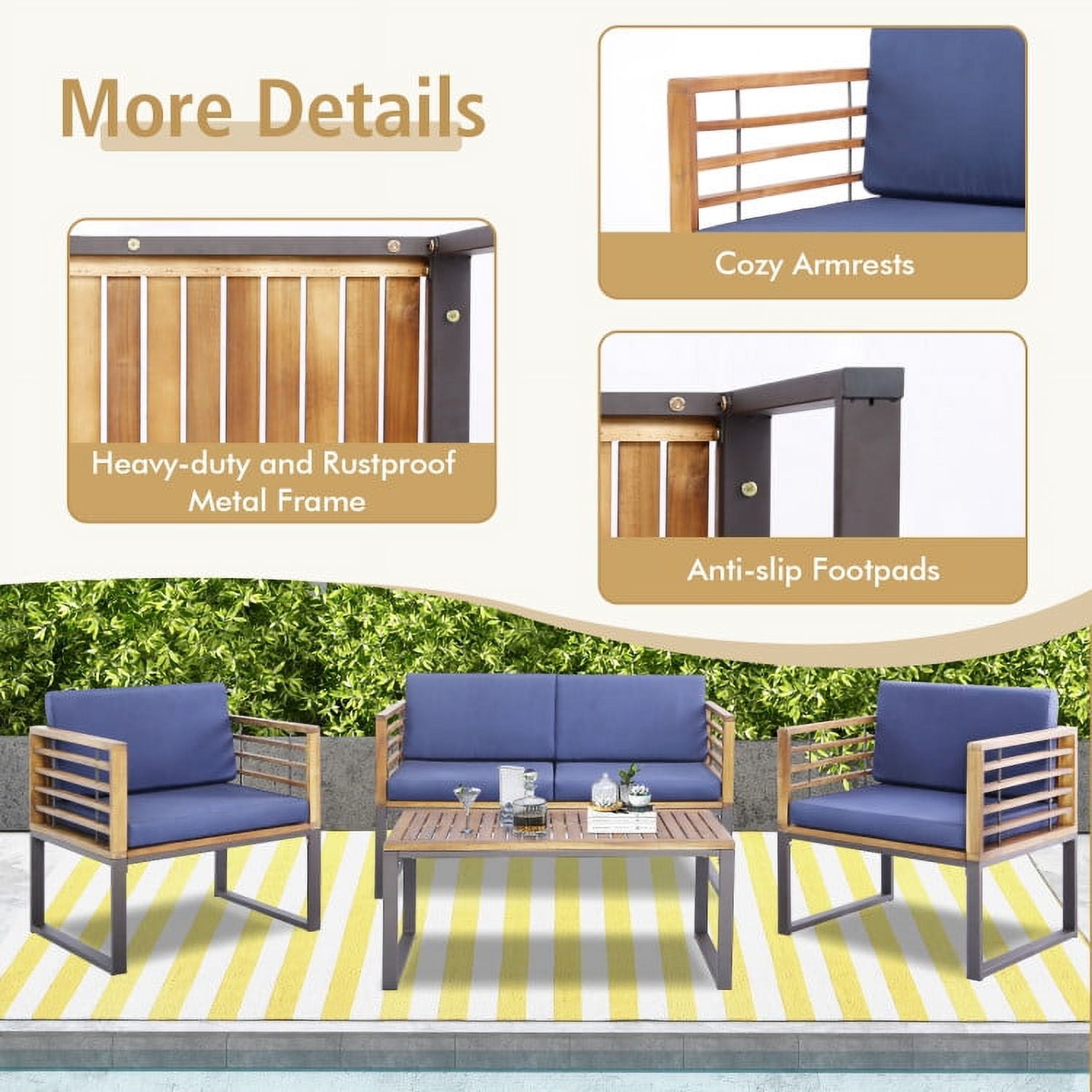 Aimee Lii 4 Pieces Patio Acacia Wood Conversation Set with Coffee Table, Patio Table and Chairs Set, Outdoor Patio Set, Navy Aimee Lii 4 Pieces Patio Acacia Wood Conversation Set with Coffee Table, Patio Table and Chairs Set, Outdoor Patio Set, Navy