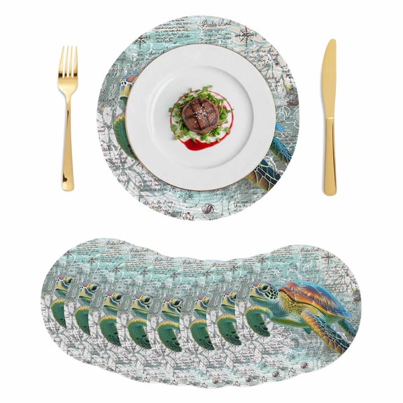 Coastal Turtle Round 15 Inch Placemats Set of 8, Farmhouse Ocean Nautical Marine Life HeatResistant Non Slip Place Mats for Dining Table, Wipeable Braided Kitchen Table Mats for Housewarming