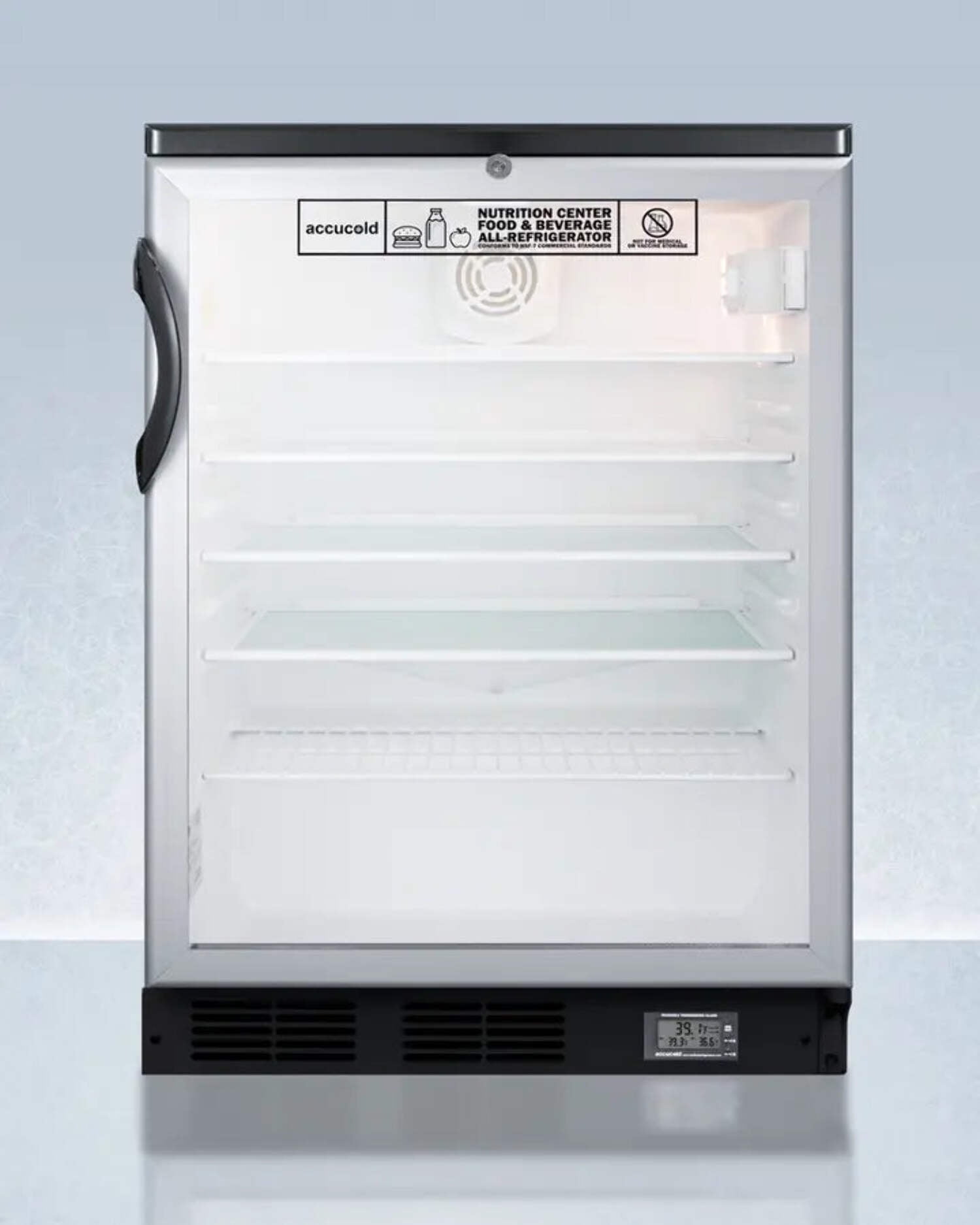 Commercially approved Nutrition Center series glass door all-refrigerator for built-in or freestanding use, with front lock and digital temperature display