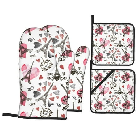 

Oven Mitts and Pot Holders 4 pcs Set Eiffel Tower paris heart Heat Resistant Pot Holders Oven Mitts for kitchen Non-Slip Hanging Loop Oven Glove Potholders for Baking Cooking