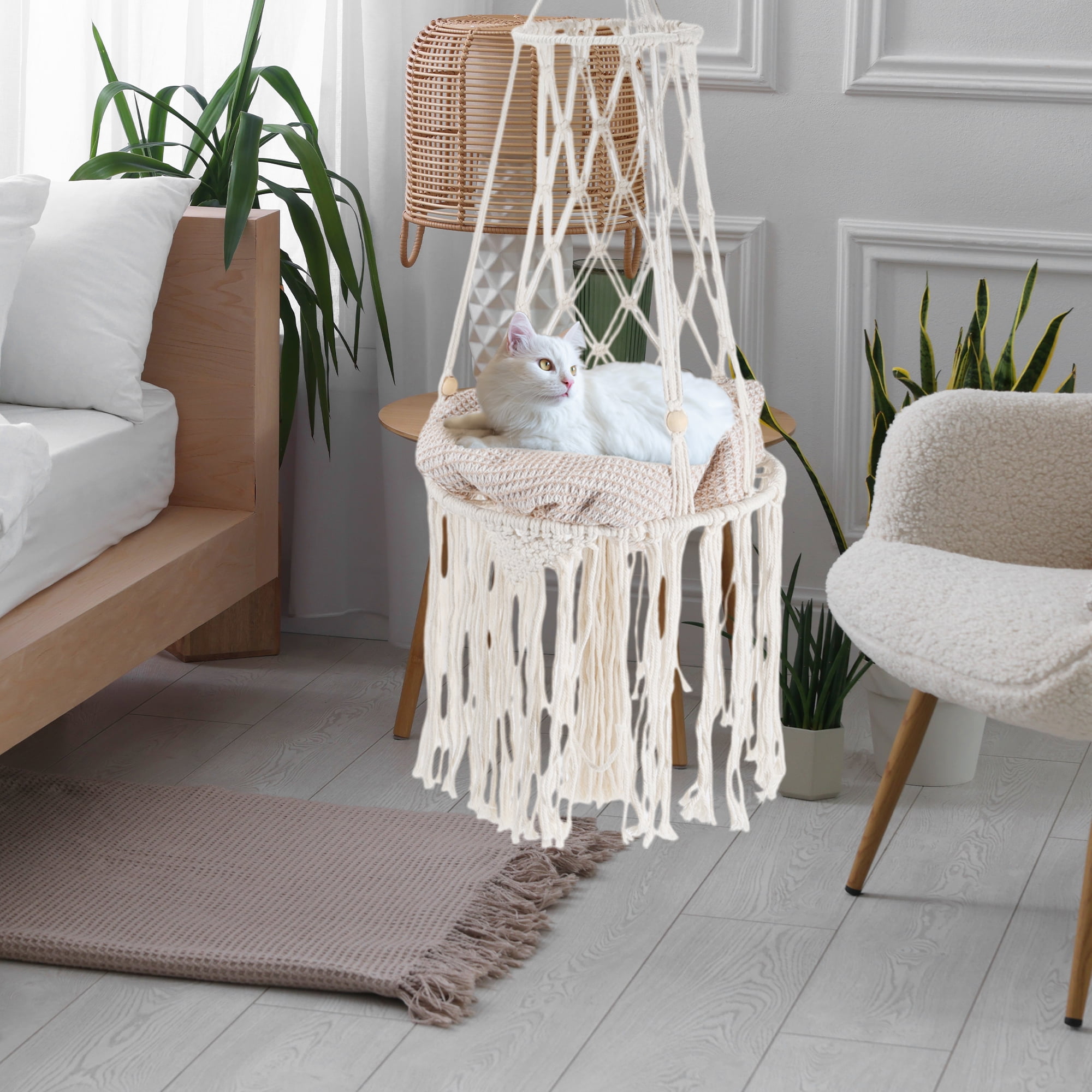 Unique Bargains Cat Window Perch Handwoven Cat Swing Cat Window Hammock Hang on Wall Bed for Sleeping and Playing Cat Perch without Cushion White 11.8 in
