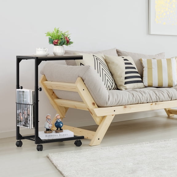 Adjustable C Table Set of 2 with Wheels & Storage Basket, Slide Under Sofa or Bed Table, Laptop & Snack Table for Living Room, Bedroom -Gray