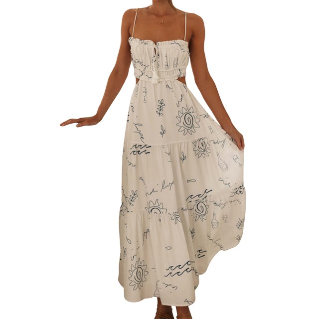 Wangscanis Robe d'Été pour Femmes Imprimé Graphique Bretelles Spaghetti Dos Noué Robe Longue Ligne A pour la Plage