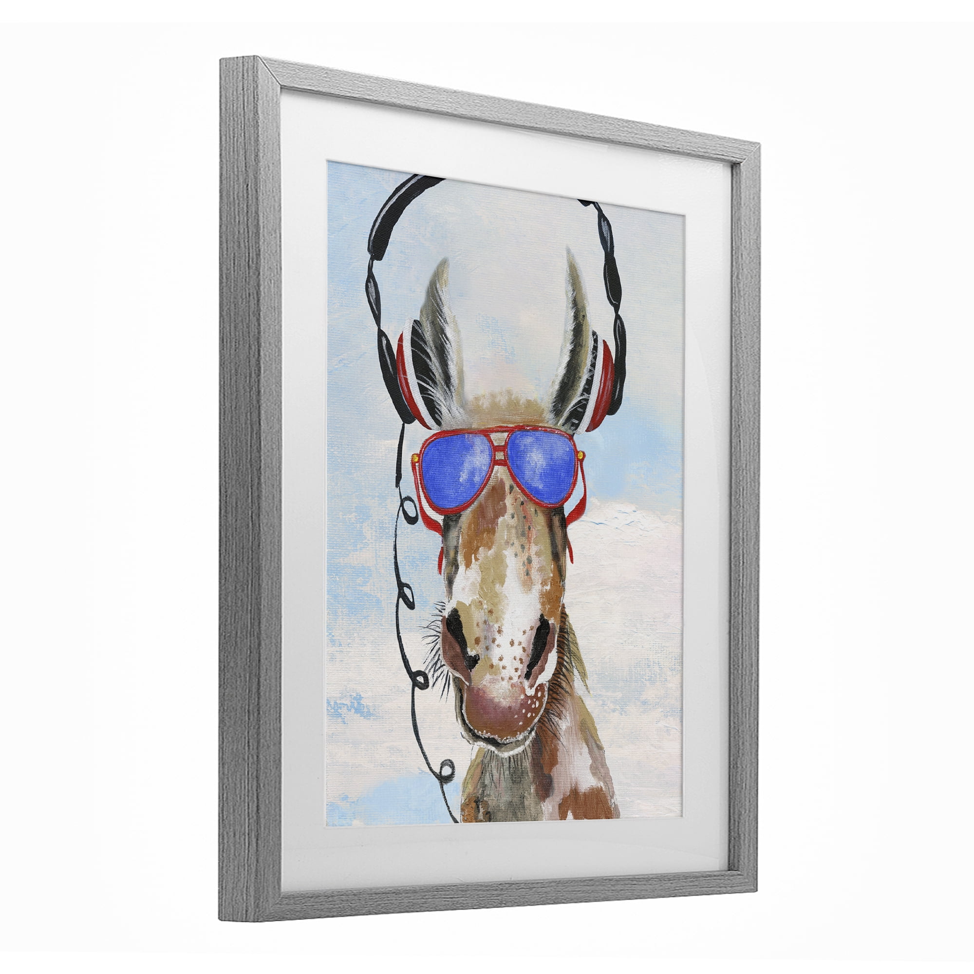 Stupell Industries Donkey Wearing Headphones Gray Framed Print Under Glass, design by Janet Tava